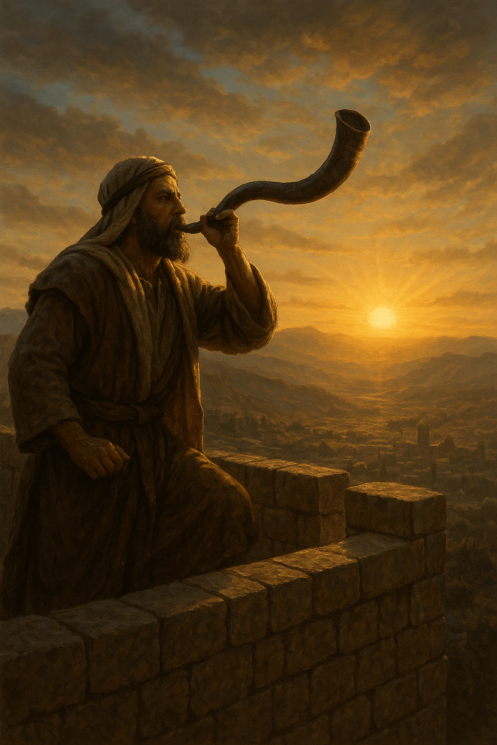 Una escena bíblica al amanecer. Un vigilante, vestido con túnicas de la antigua Judea, se alza sobre el muro de piedra de una ciudad amurallada, al estilo de Jerusalén. El hombre tiene una expresión de seriedad y urgencia en su rostro mientras toca con fuerza una trompeta de cuerno de carnero (shofar), con los labios tensos. El sonido parece vibrar en el aire. El sol naciente arroja una luz dorada que ilumina el polvo en el aire y proyecta una larga sombra desde el muro. El paisaje a lo lejos muestra un valle vacío y vasto, lo que acentúa la sensación de aislamiento y la importancia de la advertencia. La atmósfera es solemne y dramática. El estilo es fotorrealista, como una pintura al óleo clásica.