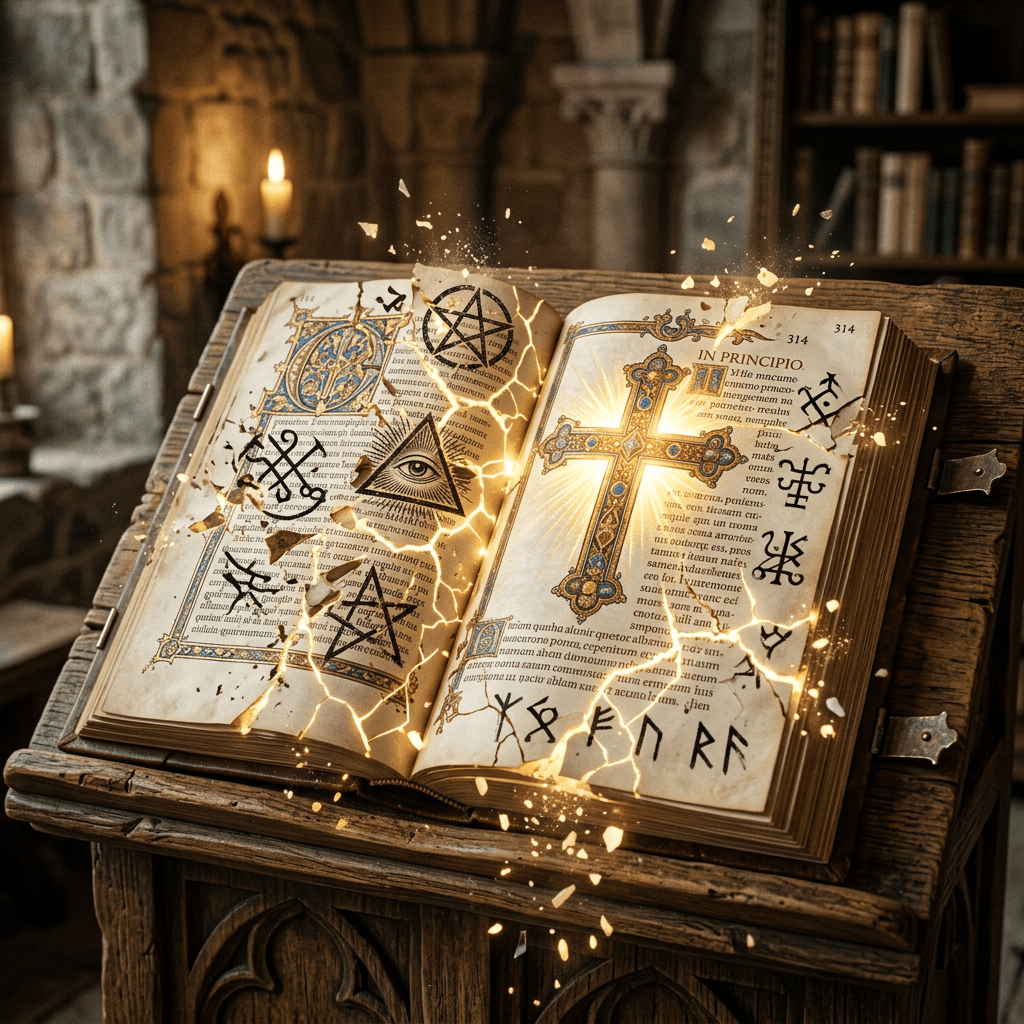 Open ancient book with glowing cross and mystical symbols floating above pages