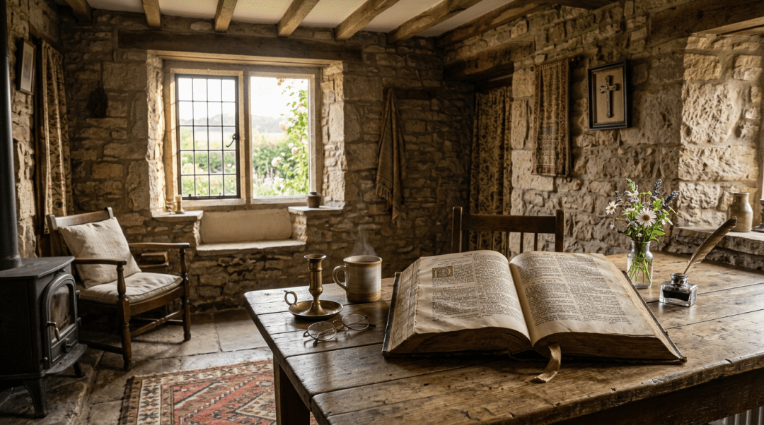 Rustic interior with open antique book on wooden table, stone walls, and window