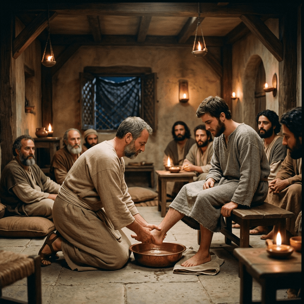 Man kneeling to wash feet of seated man surrounded by others in simple room