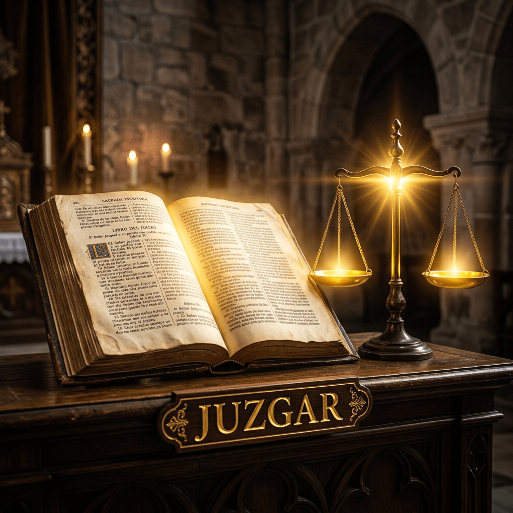 Open sacred scripture book next to illuminated scales of justice on wooden stand