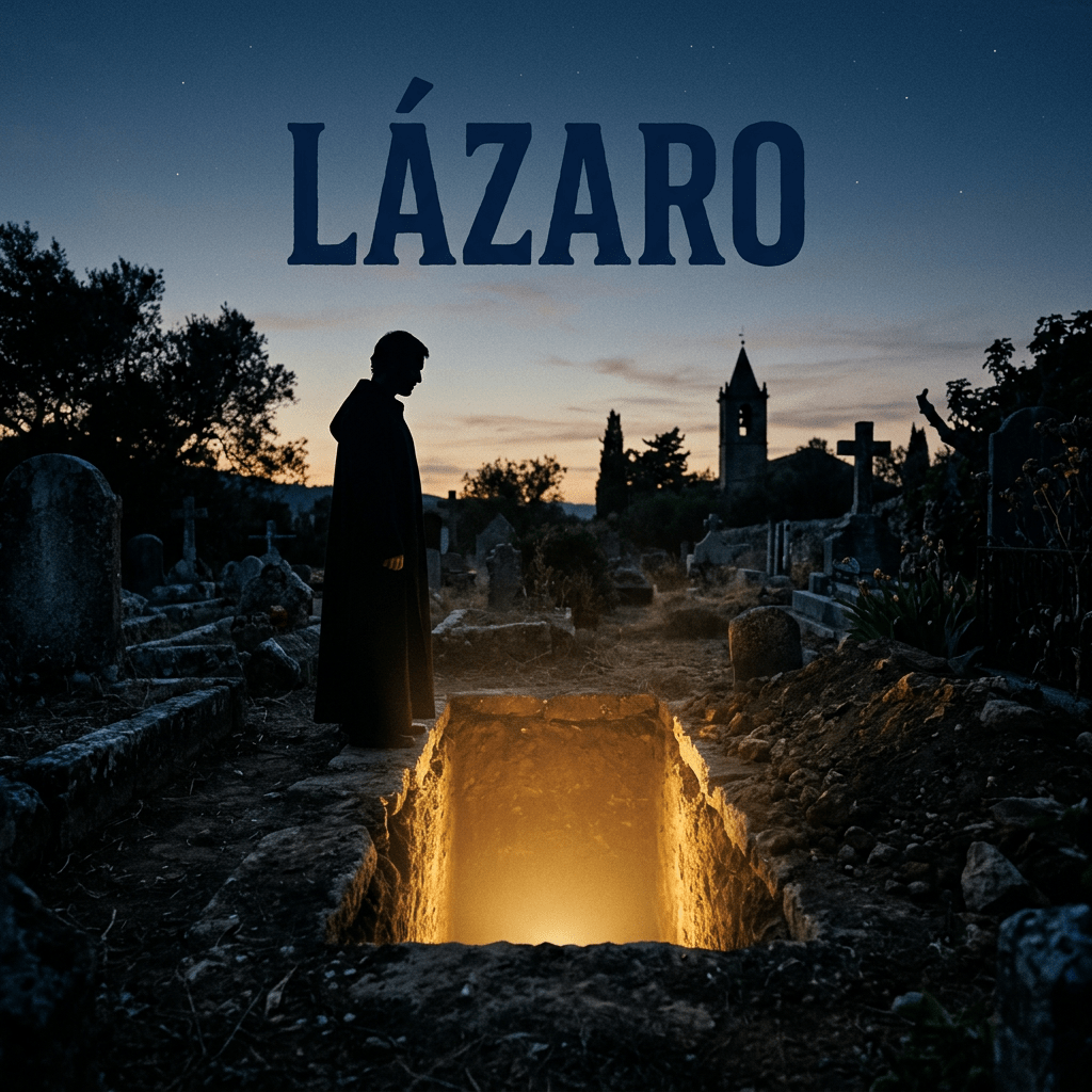 Silhouette of a person in a cloak standing by a glowing open grave in a cemetery at sunset