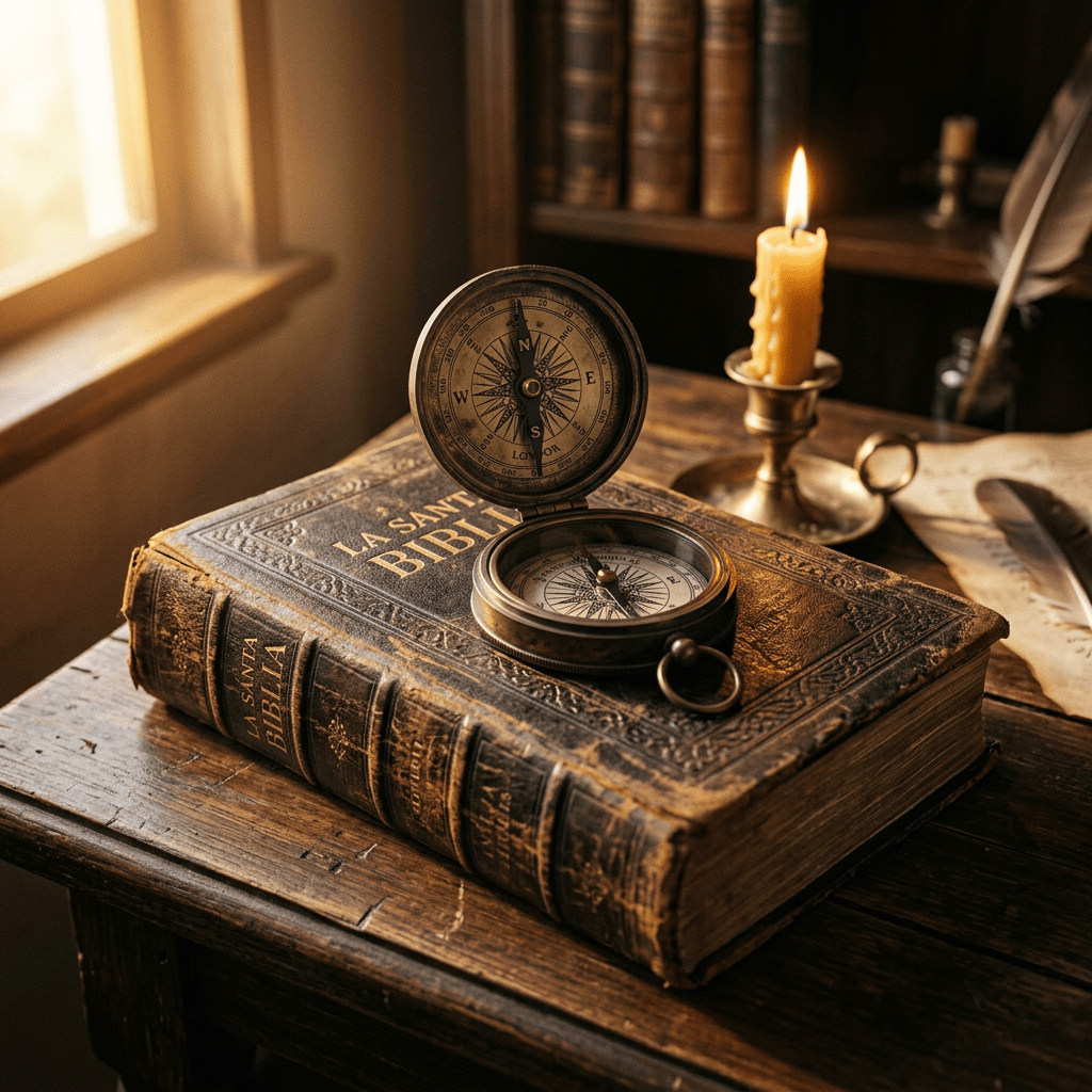 Open antique compass resting on a worn leather-bound Bible titled 'La Santa Biblia' beside a burning candle in a brass holder on a wooden table.