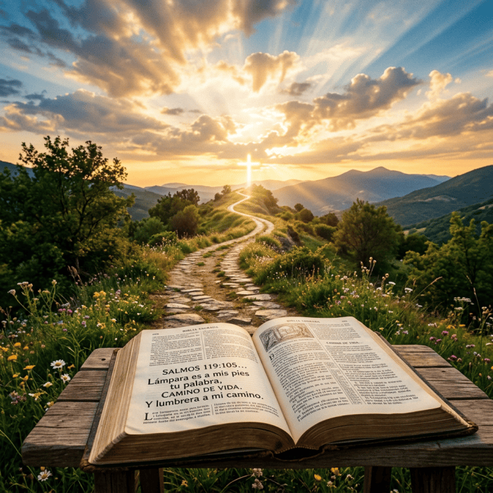 Open Bible reading Psalm 119 beside a mountain path and glowing cross