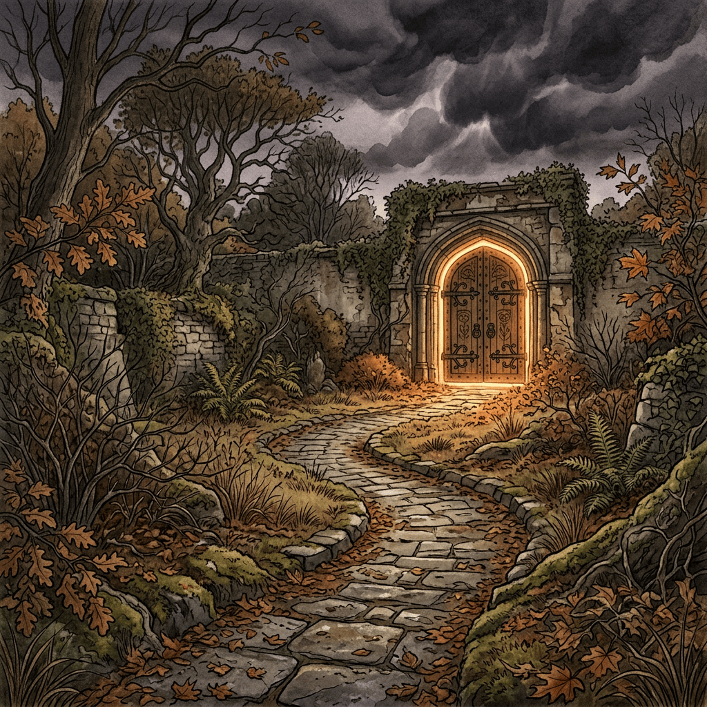 Glowing wooden gate at the end of an autumn garden path