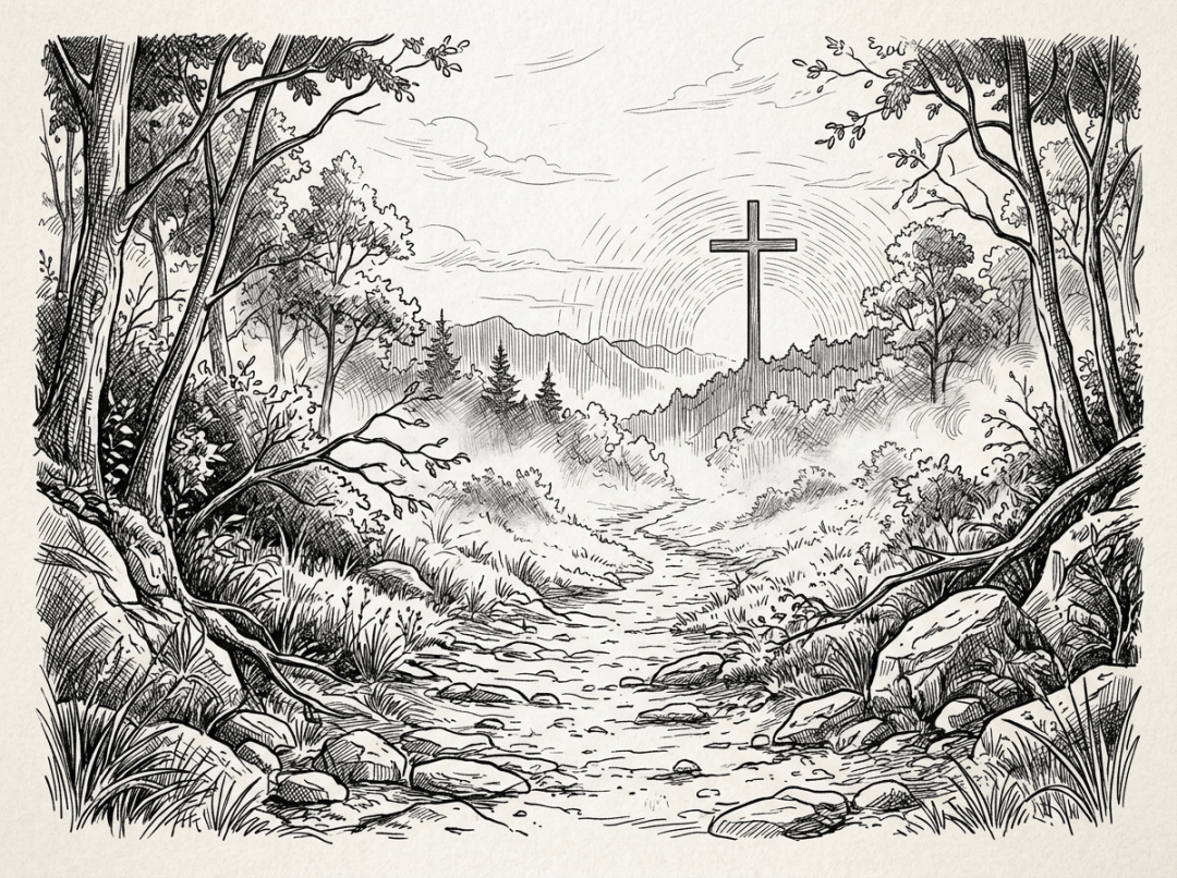Woodland stream flowing toward a large cross among trees and mountains