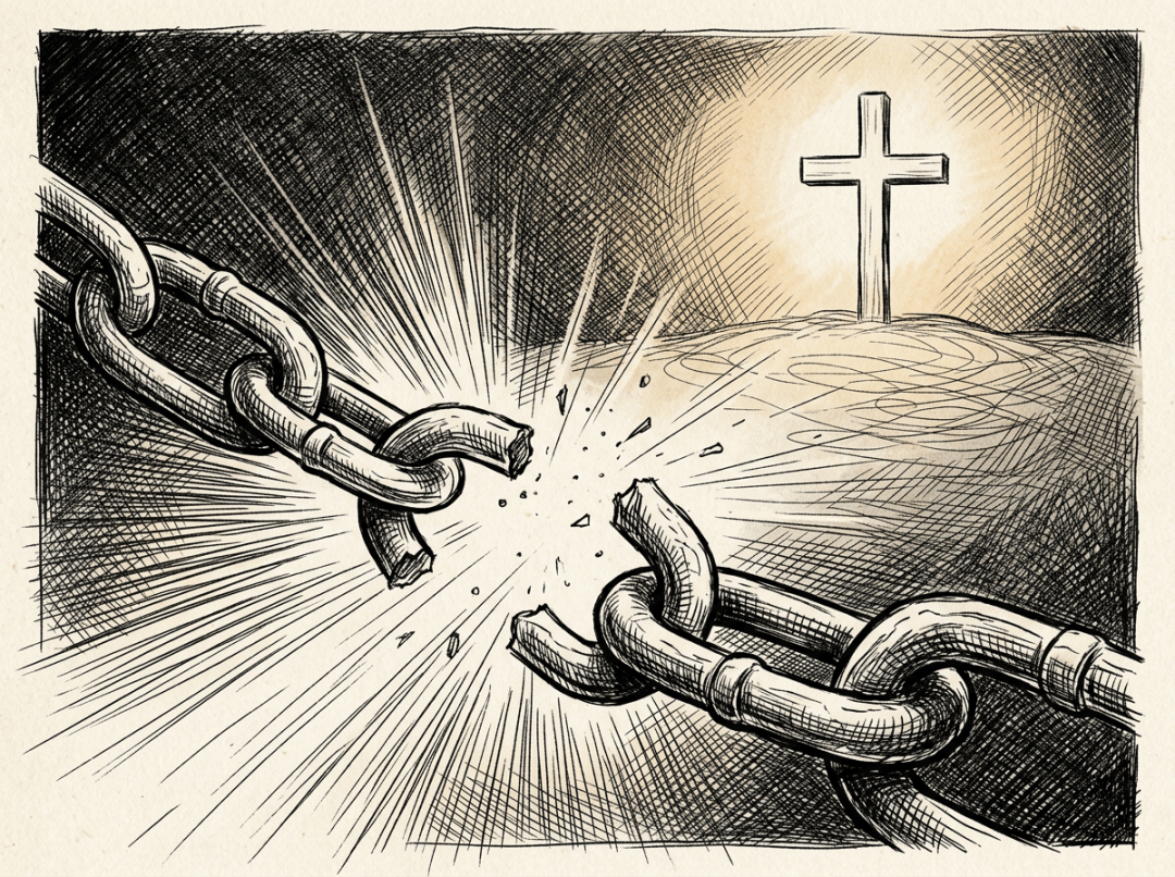 Broken chain bursting apart beneath a glowing cross
