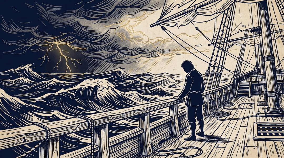 Sailor standing on deck facing rough seas beneath lightning-filled storm clouds