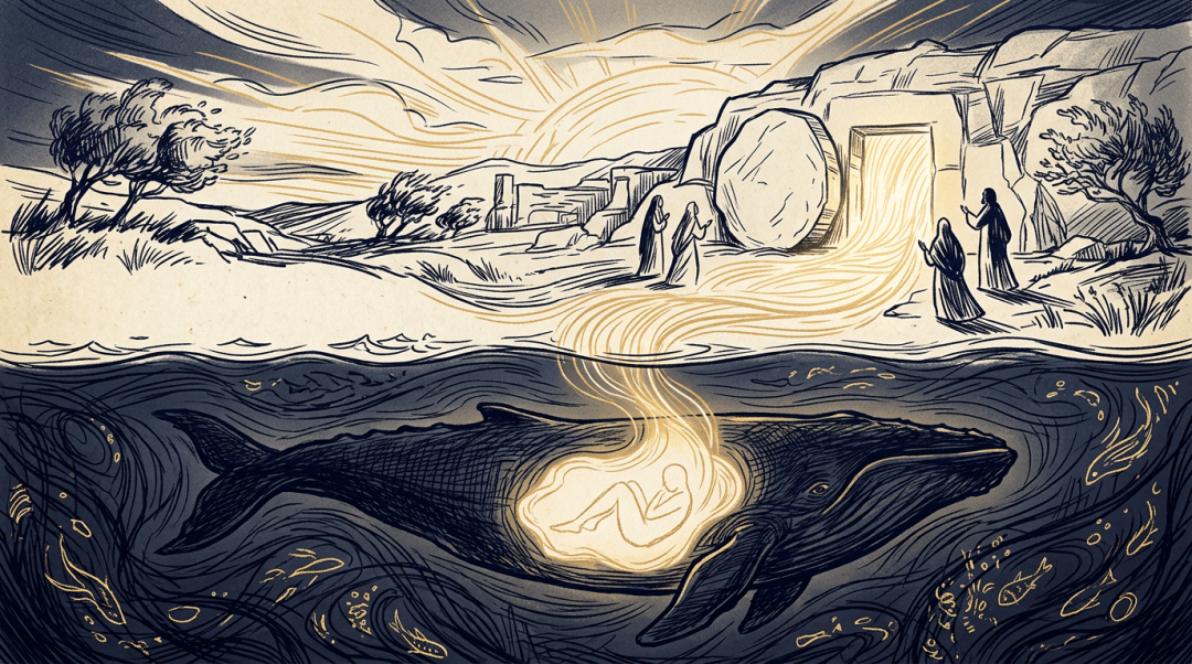 A whale carries a glowing unborn figure beneath a waterfall and robed people