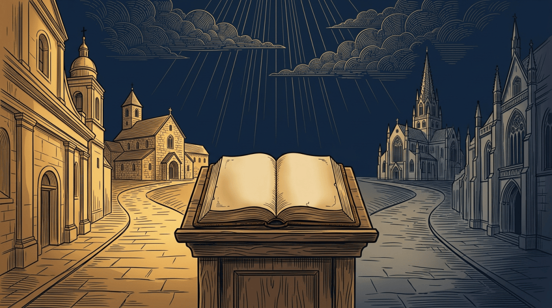 Open Bible on a lectern between historic churches under radiant clouds