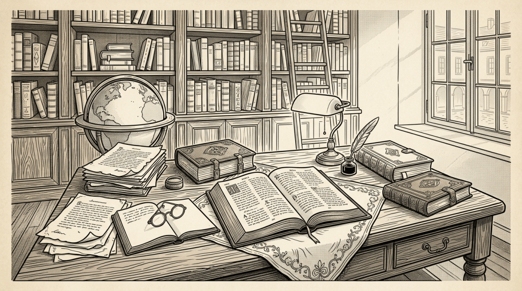 Open books, papers, globe, and lamp arranged on a study desk